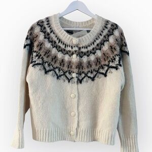 Joie Fair Isle Wool Blend Cardigan Sweater Cream Gray Medium. NWT